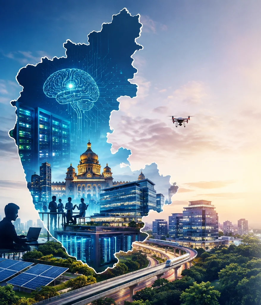 Karnataka map merged with a technology skyline