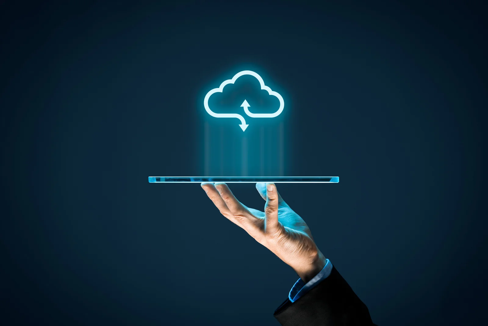 Cloud computing infrastructure held above a tablet