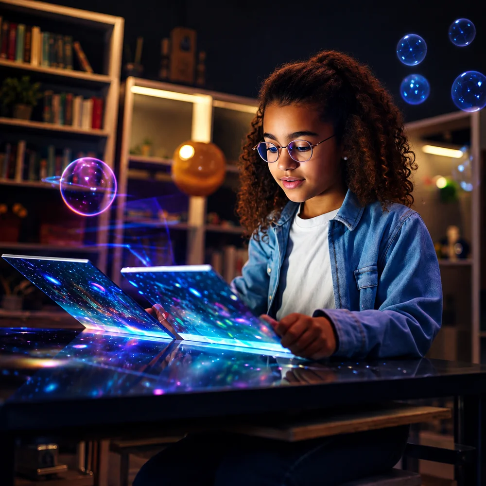 Student learning with a futuristic tablet